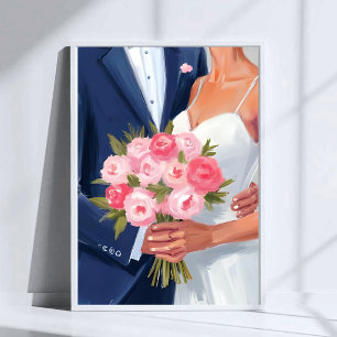 Brud & Brudgum Bröllopsbukett Vattenfärgsmålning Poster