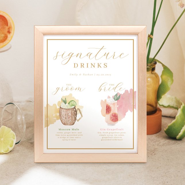 Brud & Brudgum Signaturdrycker Vattenfärg Cocktail Poster (Skapare uppladdad)