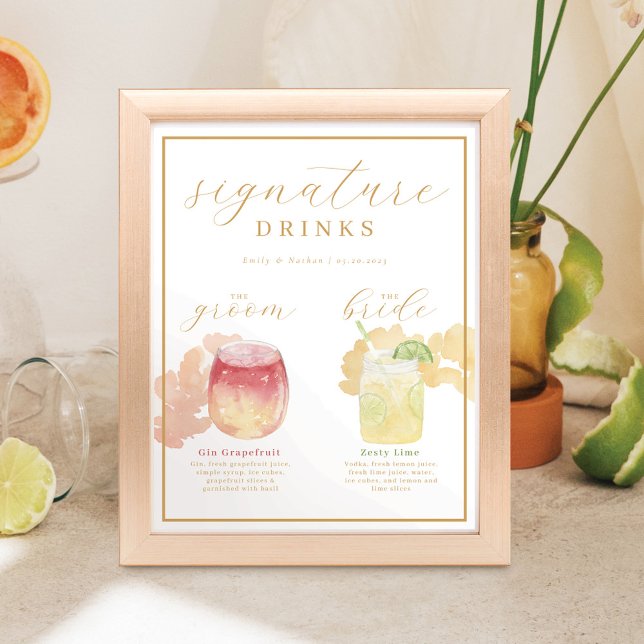 Brud & Brudgum Signaturdrycker Watercolor Cocktail Poster (Skapare uppladdad)