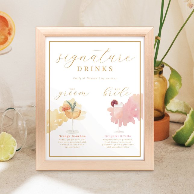 Brud & Brudgum Signaturdrycker Watercolor Cocktail Poster (Skapare uppladdad)
