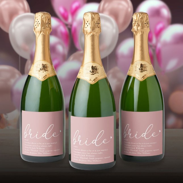 Brud Definition Bröllopsfest Rosa Skrift (Bride Definition Bridal Shower Girly Pink Script Sparkling Wine Label)