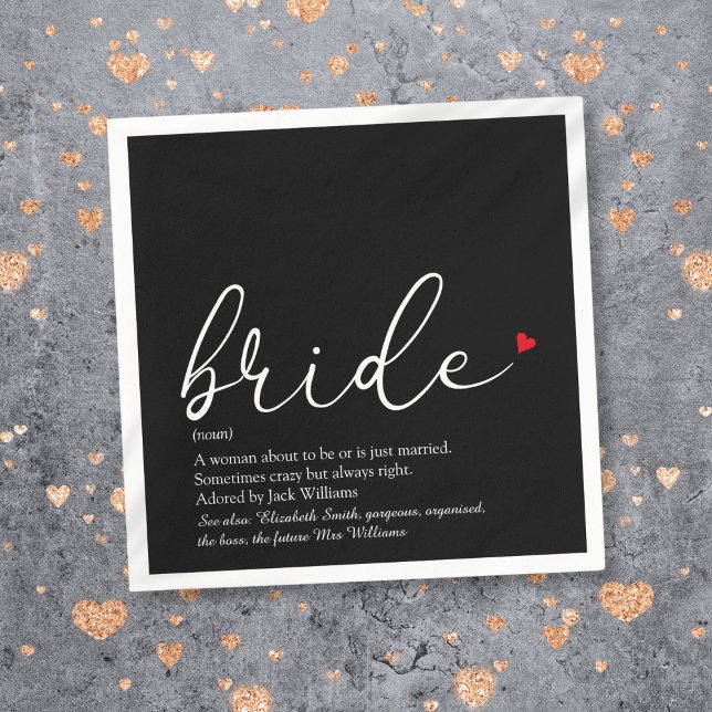 Brud Definition Bröllopsfestmanus Rött Hjärta Pappersservett (Bride Definition Bridal Shower Script Red Heart Napkins)