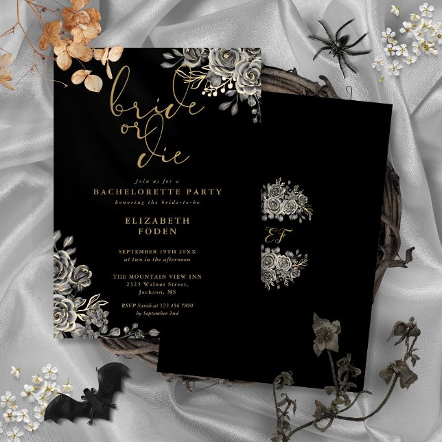 Brud eller dö svart guld gotisk möhippa inbjudningar (Bride Or Die Black Gold Gothic Bachelorette Party Invitation)