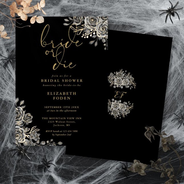 Brud eller dö svart och guld gotisk bröllopsfest f inbjudningar (Bride Or Die Black And Gold Gothic Bridal Shower Invitation)