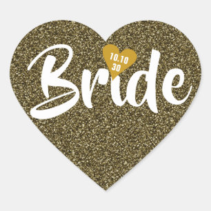 Brud Guld Datum Hjärta Glitter Personlig Hjärtformat Klistermärke