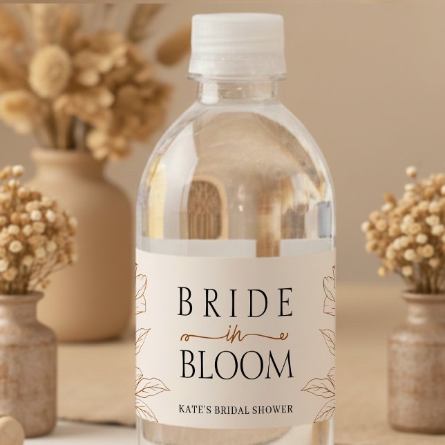Brud i blomning Tan Brun Bröllopsdusch Vattenflaskor Etikett (Bride in Bloom Tan Brown Bridal Shower Water Bottle Label
)