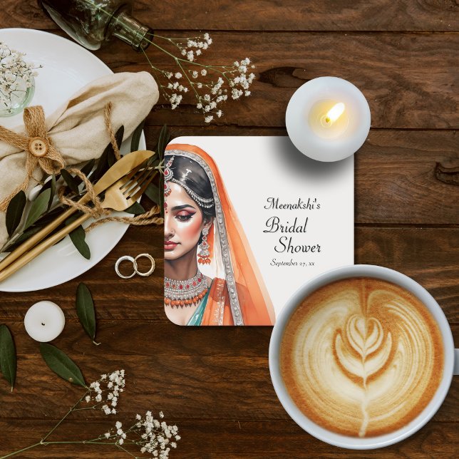 Brud i Lehenga Choli Etnisk indisk bröllopsdusch Underlägg Papper Kvadrat (Flat lay indian heritage lehenga choli bride to be – Bollywood Bridal Shower Coaster)