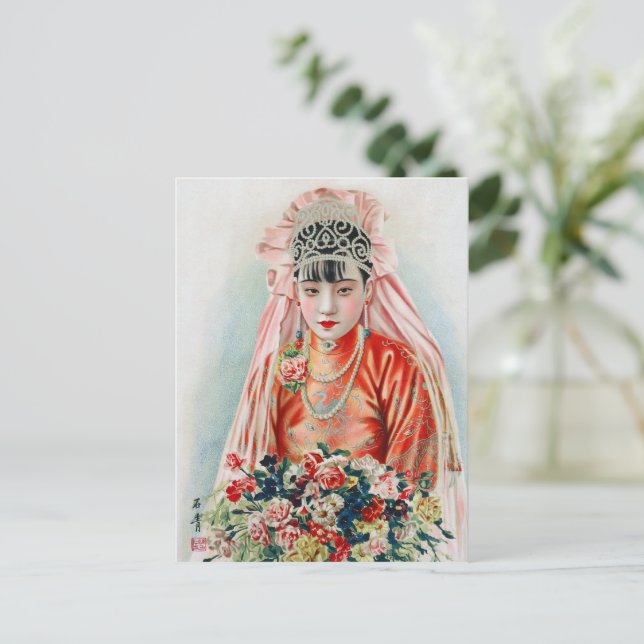 Brud i rött på kinesiskt bröllop i Shanghai Vykort (Stående Fram)