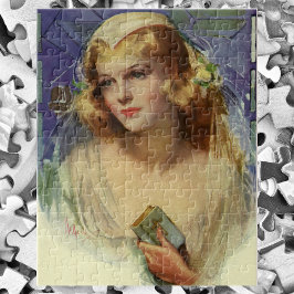 Brud i vintage-stil med bibel, religiös vigsel pussel