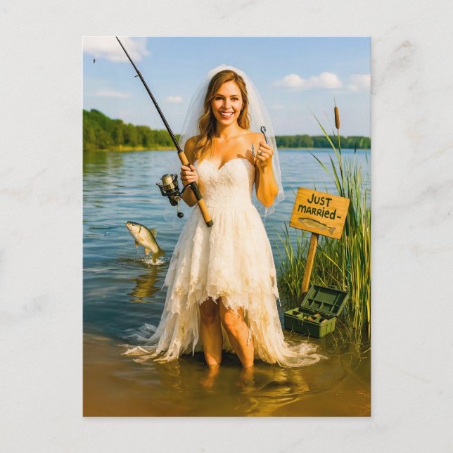 Brud med fiskespö och krok vid sjön helg vykort (Framsida)