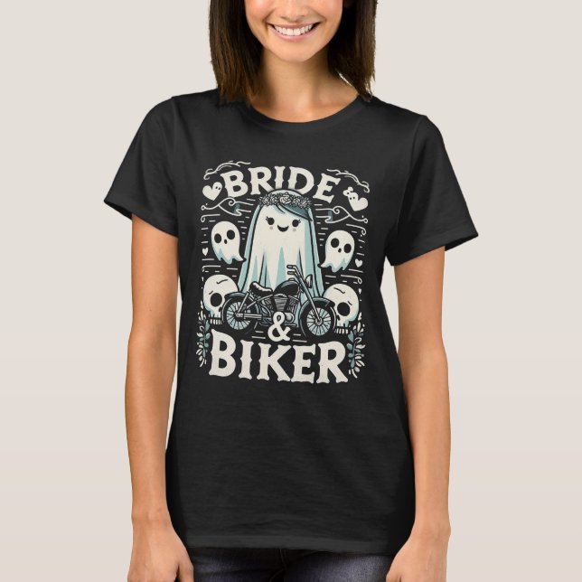 "Brud och Biker" - Söt brudspöke på en motorcykel T Shirt (Framsida)