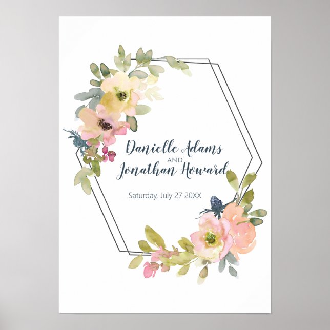 Brud och brudgum akvarell geometriskt blommotiv poster (Framsidan)