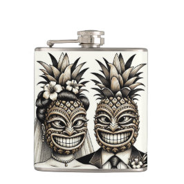 Brud och brudgum Aloha Ananas Tiki Huvud Bröllop Fickplunta