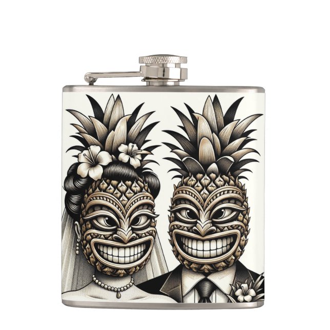 Brud och brudgum Aloha Ananas Tiki Huvud Bröllop Fickplunta (Framsidan)