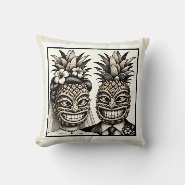 Brud och brudgum Aloha Pineapple Tiki Head Bröllop Kudde (Framsida)