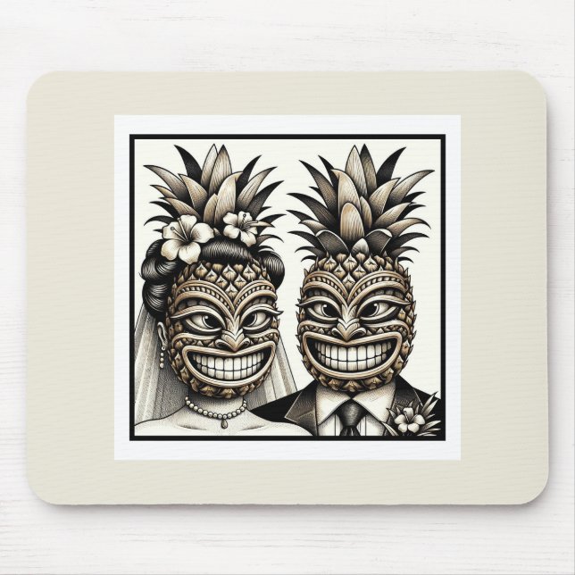 Brud och brudgum Aloha Pineapple Tiki Head Bröllop Musmatta (Framsidan)