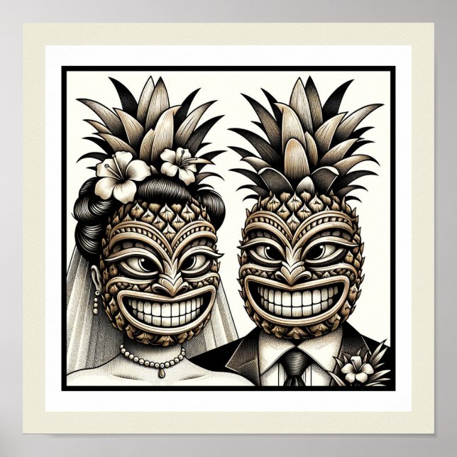 Brud och brudgum Aloha Pineapple Tiki Head Bröllop Poster (Framsidan)