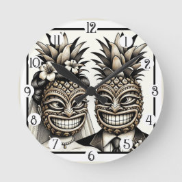 Brud och brudgum Aloha Pineapple Tiki Head Bröllop Rund Klocka