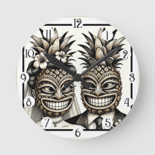 Brud och brudgum Aloha Pineapple Tiki Head Bröllop Rund Klocka