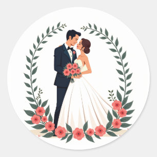 Brud och brudgum med blomsterkrans runt klistermärke