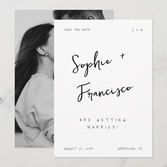 Brud och brudgum namn fransk bröllop handskrift spara datumet (Fram/baksida)