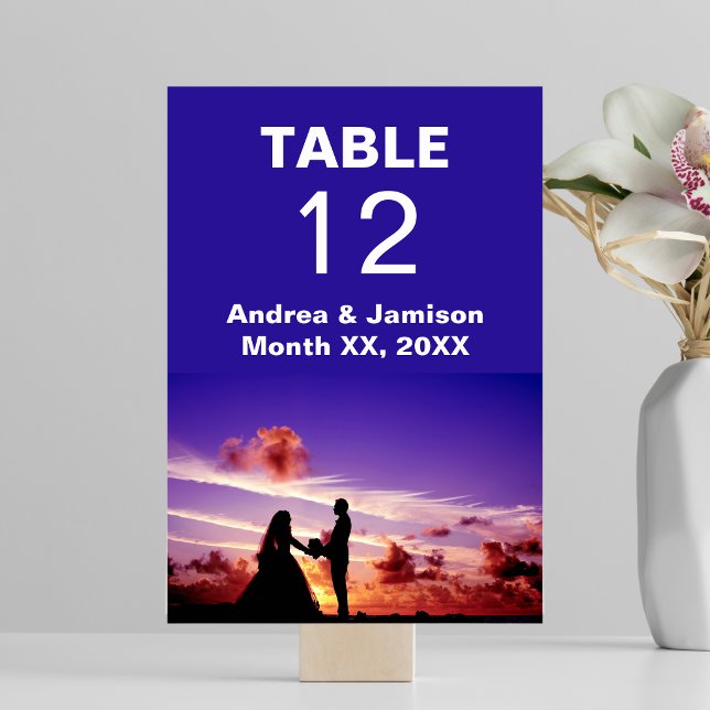Brud och brudgum på solnedgång Bröllopsbord Kort (Bride and Groom in Sunset Wedding Table Card)