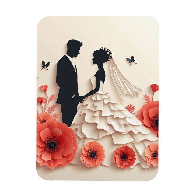 Brud och brudgum papper konst med blommor magnet (Vertikal)