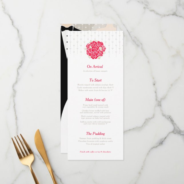 Brud och brudgumme grön bukett röd bröllopsmeny meny (Fram/Back In Situ)