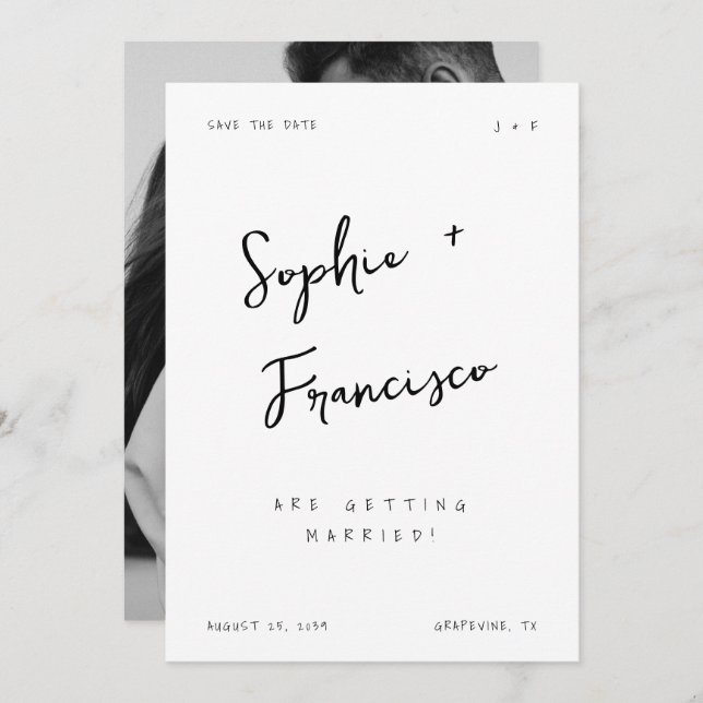 Brud och brudgums namn handskrivna fransk bröllops spara datumet (Fram/baksida)