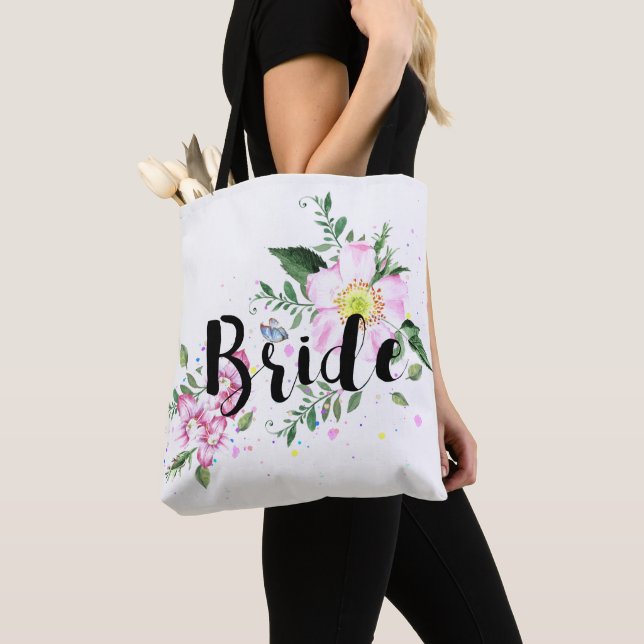 Brud Rosa Blommig Akvarell Bröllop Bröllopsdusch Tygkasse (Närbild)