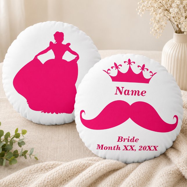 Brud Rosa Mustasch Rund Kuddöverdrag Kudde (Bride Pink Mustache Round Throw Pillow)
