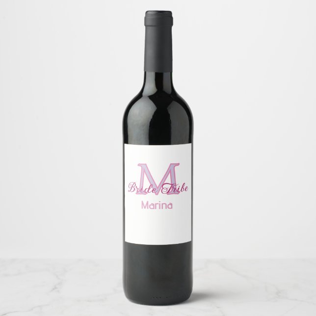 Brud stam monogram röd bröllopsdusch enkel mini vinflaska etikett (Framsida)