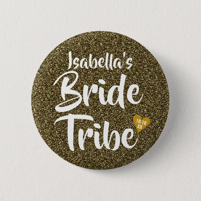 Brud Tribe Guld Datum Hjärta Personlig Glitter Knapp (Framsida)