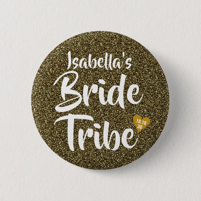 Brud Tribe Guld Datum Hjärta Personlig Glitter Knapp (Framsida)