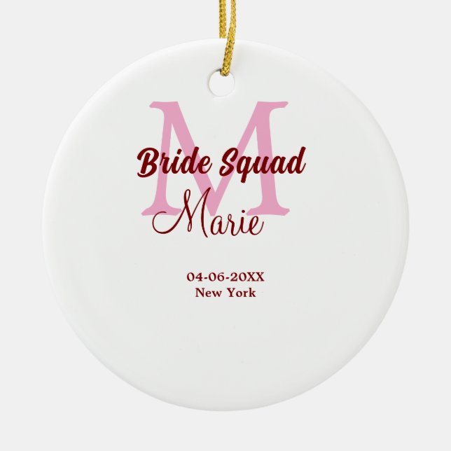 Brud trupp lägg till namn monogram brudtärna rosa  julgransprydnad keramik (Framsidan)