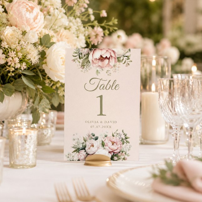 Brudbordskort med rosenskiftande och elfenbensvita (Blush & Ivory Peony Wedding Table Number)