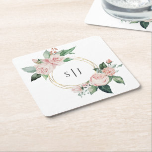 Brudbukett Blush Floral Vit Monogram Underlägg Papper Kvadrat