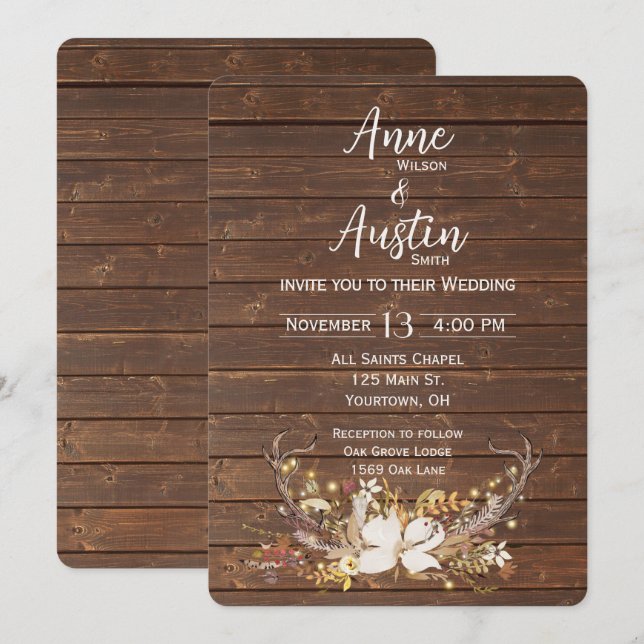 Brudbukett med hjorthorn inbjudningar (Fram/baksida)