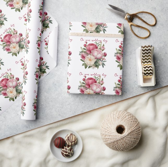 Brudbukett med rosa, röda och vita peonior presentpapper (Hantverk)