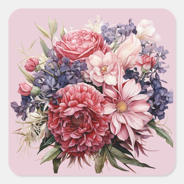 Brudbukett vinröd rosa lila fyrkantigt klistermärke (Framsida)