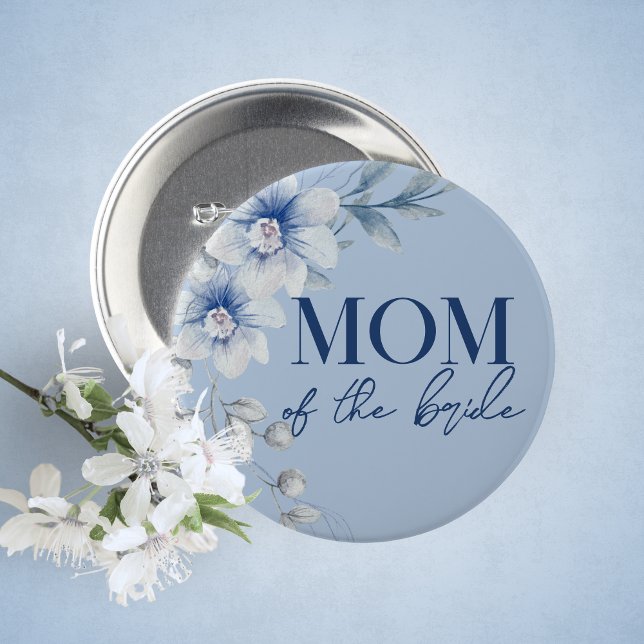 Brudens mamma blå blomstergul bröllopsfest-knapp knapp (Mom of the Bride Watercolor Blue Floral Guest of Honor Buttons. 5 Sizes Available)