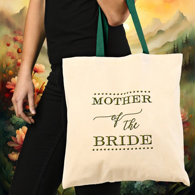 Brudens Mor Skrift Grön Shopper Tygkasse (An elegant Mother of the Bride tote bag featuring stylized green texts with script)