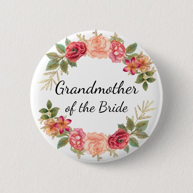 Brudens mormor Rosa Röd Blommig Krans Knapp (Framsida)