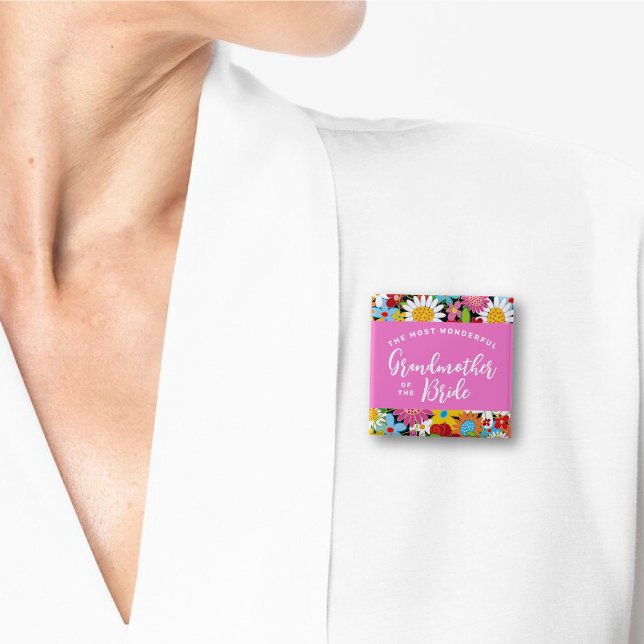BRUDENS MORMOR Vårblommor Bröllop Knapp (GRANDMA / GRANDMOTHER OF THE BRIDE Colorful Spring Flowers Garden Wedding Pin Button @ fat_fa_tin)
