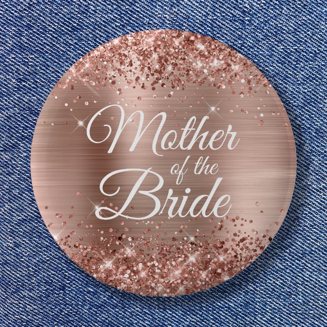 Brudens mors glitterrosa guldfolie knapp (Mother of the Bride Glittery Rose Gold Foil Button)
