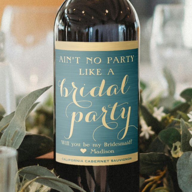Brudens sida Bridesmaid Frieri Teal Blue & Guld Vinflaska Etikett (Skapare uppladdad)