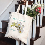 Brudens sida Orchids Bröllop Gift Tote Bag Tygkasse<br><div class="desc">Maid of honor-gåva till väskan med vit orkidform. Skapa för alla medlemmar i brudens sida,  med hennes titel längst upp och namn under orkidstammen. Swirling,  elegantens skript är färg med blå grönt. Budgeten till väskan har valfri hantering av färg och är prisvärd,  med rabatter för bulkorder.</div>