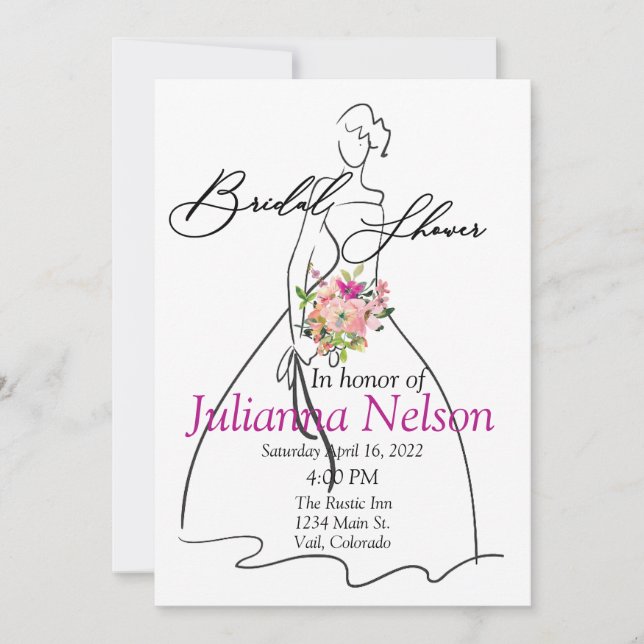 Brudens siluett och rosa blomsterbröllopsdusch  inbjudningar (Framsida)