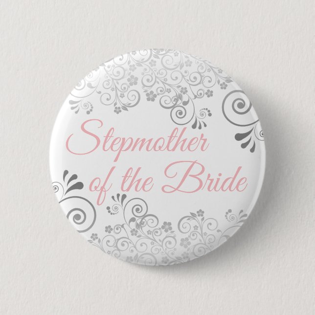 Brudens styvmamma rosa & grå bröllop knapp (Framsida)