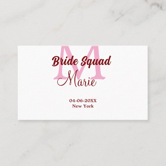 Brudgrupp lägg till namn monogram brudtärna rosa d visitkort (Framsida)